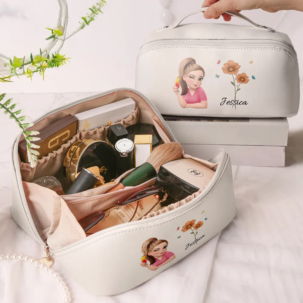 Birth Month Flower With Name Fancy Girl Woman - Personalized Leather Makeup Bag - Image 2