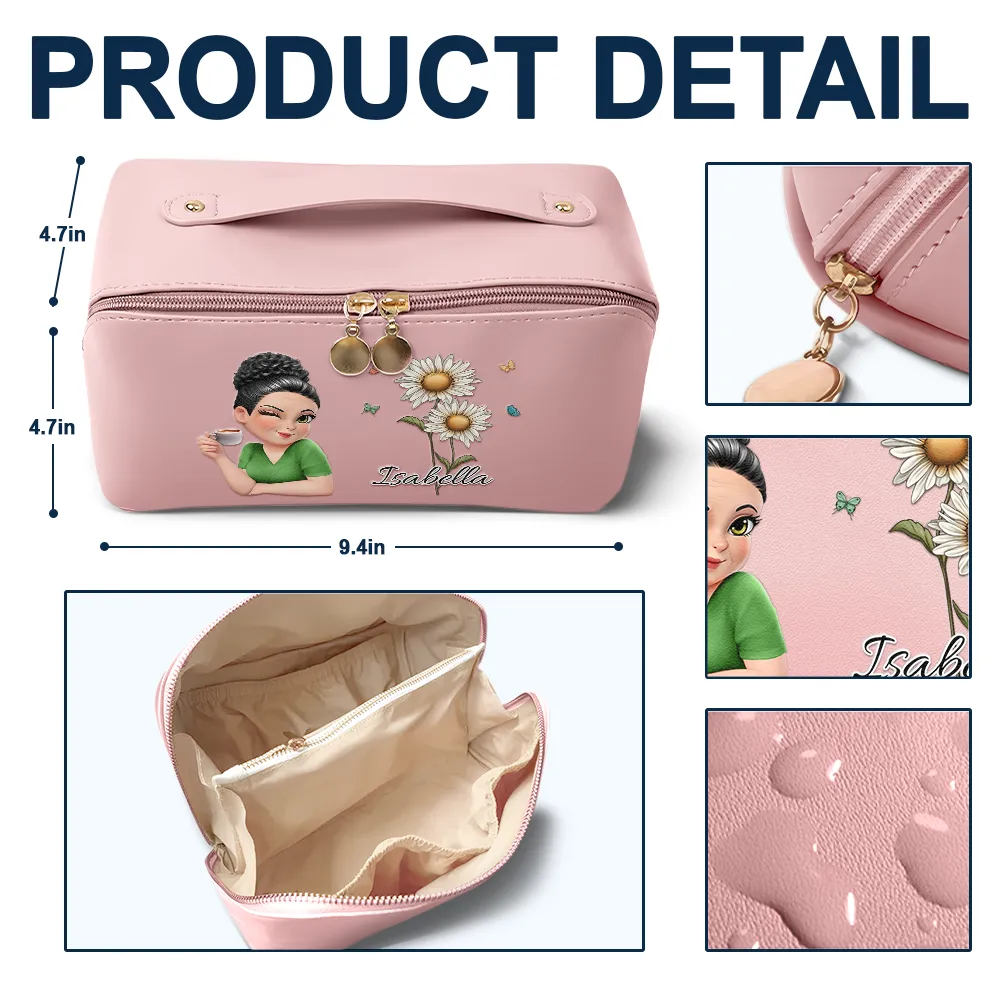 Birth Month Flower With Name Fancy Girl Woman - Personalized Leather Makeup Bag - Image 4