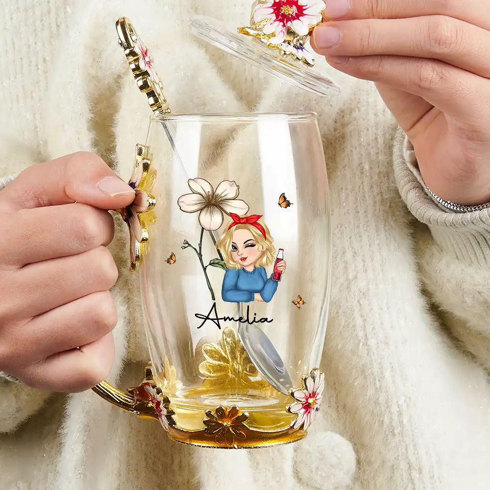 Birth Month Flower Woman - Personalized Glass Flower Tea Cup - Image 3
