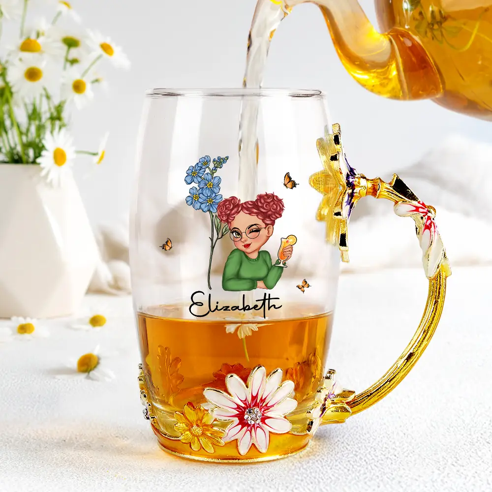 Birth Month Flower Woman - Personalized Glass Flower Tea Cup - Image 4
