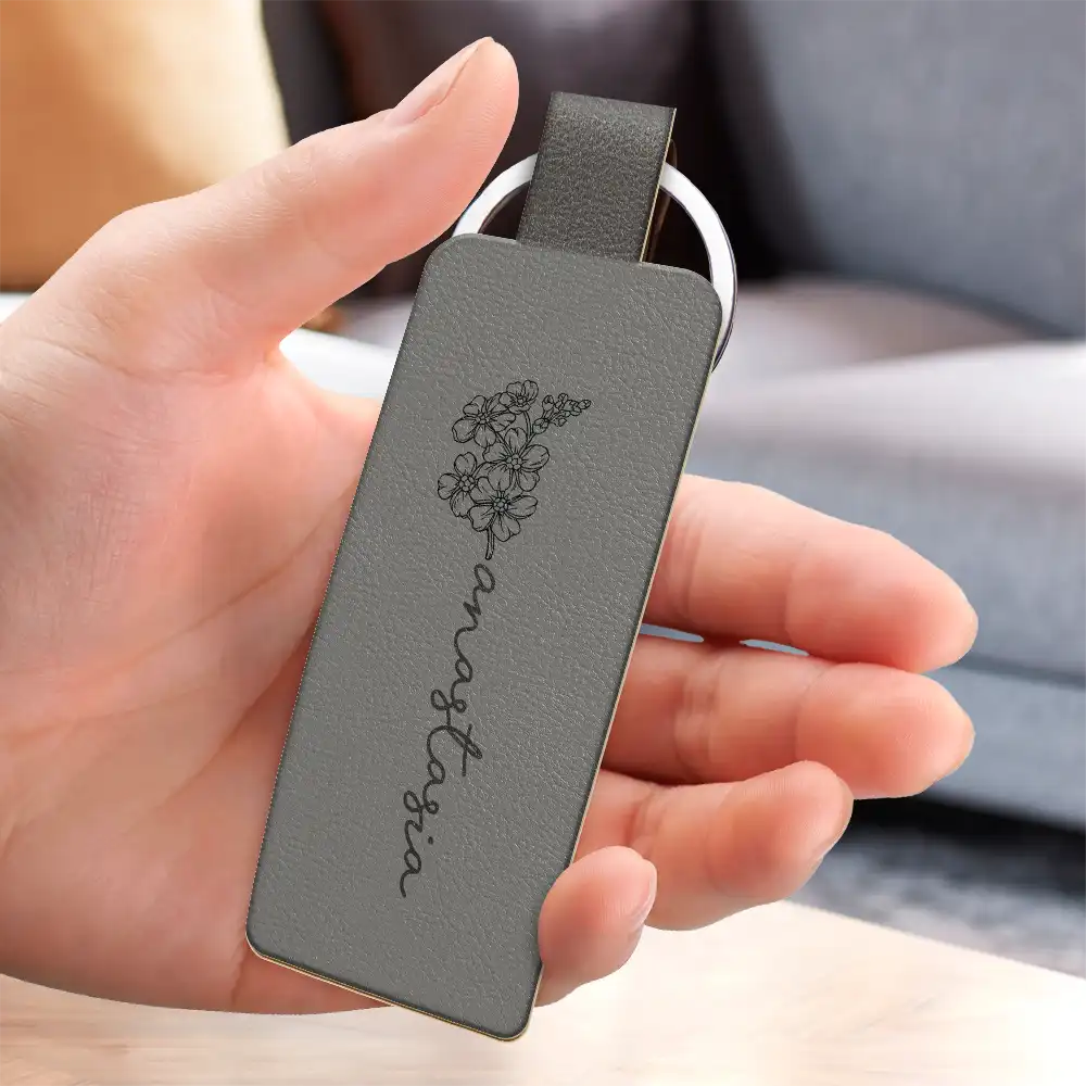 Birth Month Flowers Sketch Bloom Where You're Planted - Personalized Custom Shaped Leather Keychain - Image 3