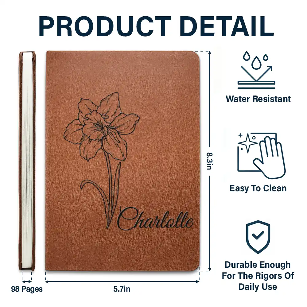 Birth Month Flowers Sketch Bloom Where You're Planted - Personalized Leather Journal - Image 5
