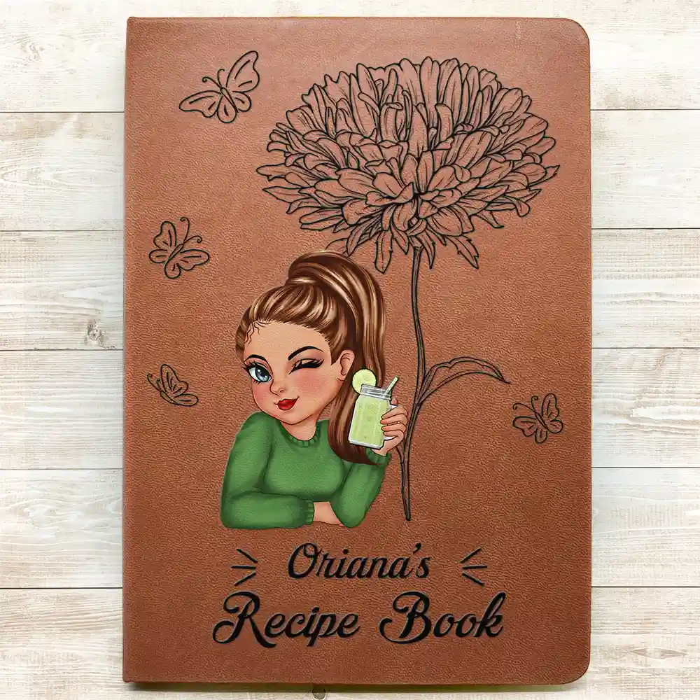 Birth Month Flowers Sketch Cooking Recipe Book - Personalized Leather Journal - Image 3