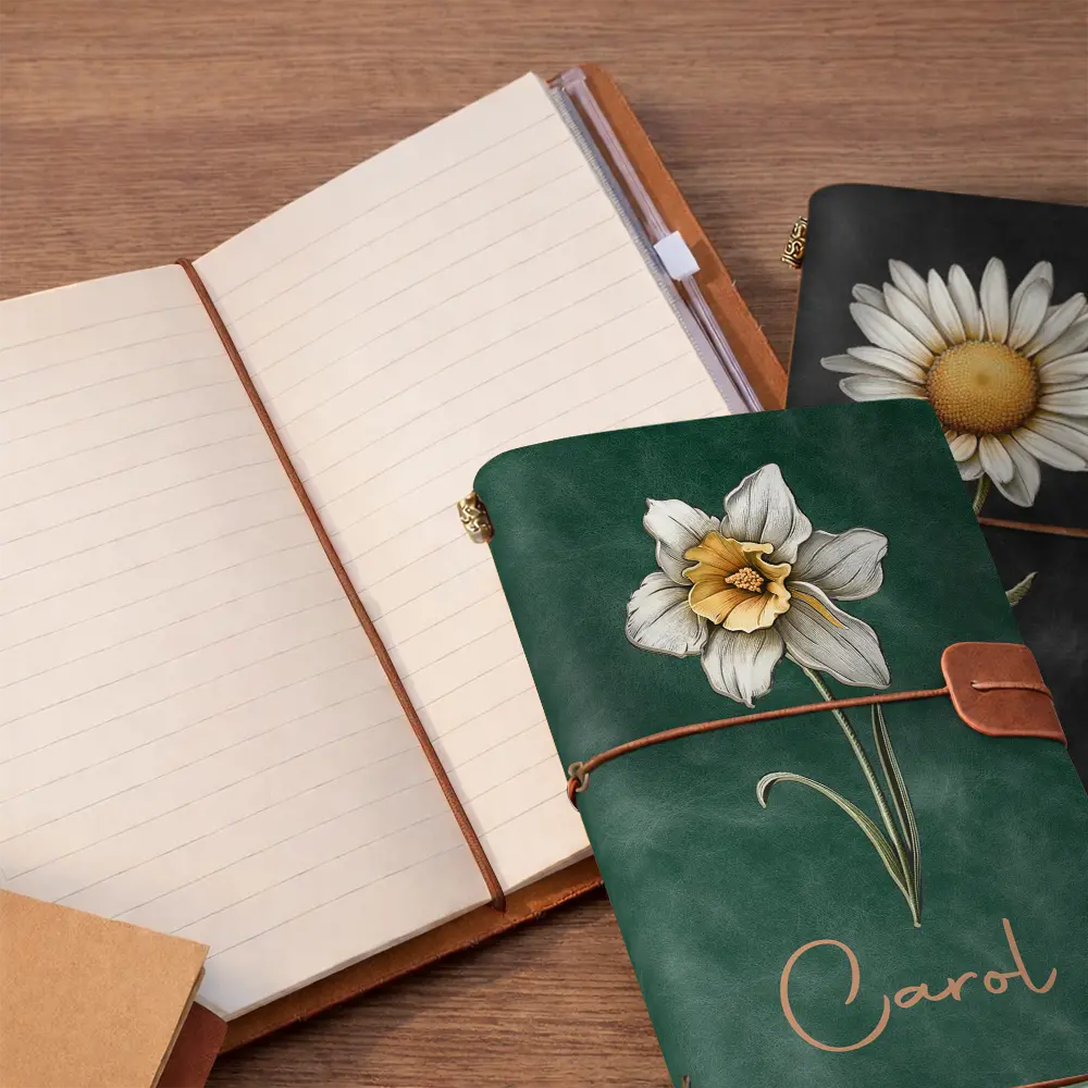Bloom Where You're Planted Texture Effect Birth Flowers - Personalized Leather Vintage Journal - Image 5