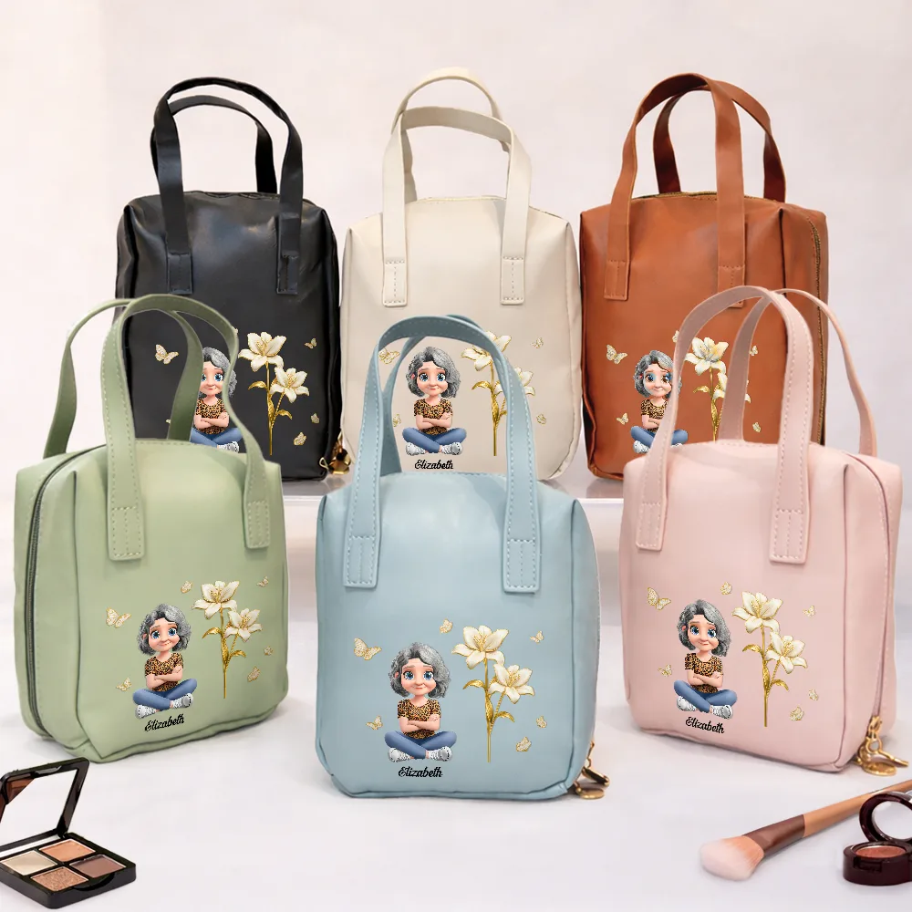 Blooming In Love Birth Month Flower - Personalized Leather Makeup Bag With Handle - Image 2