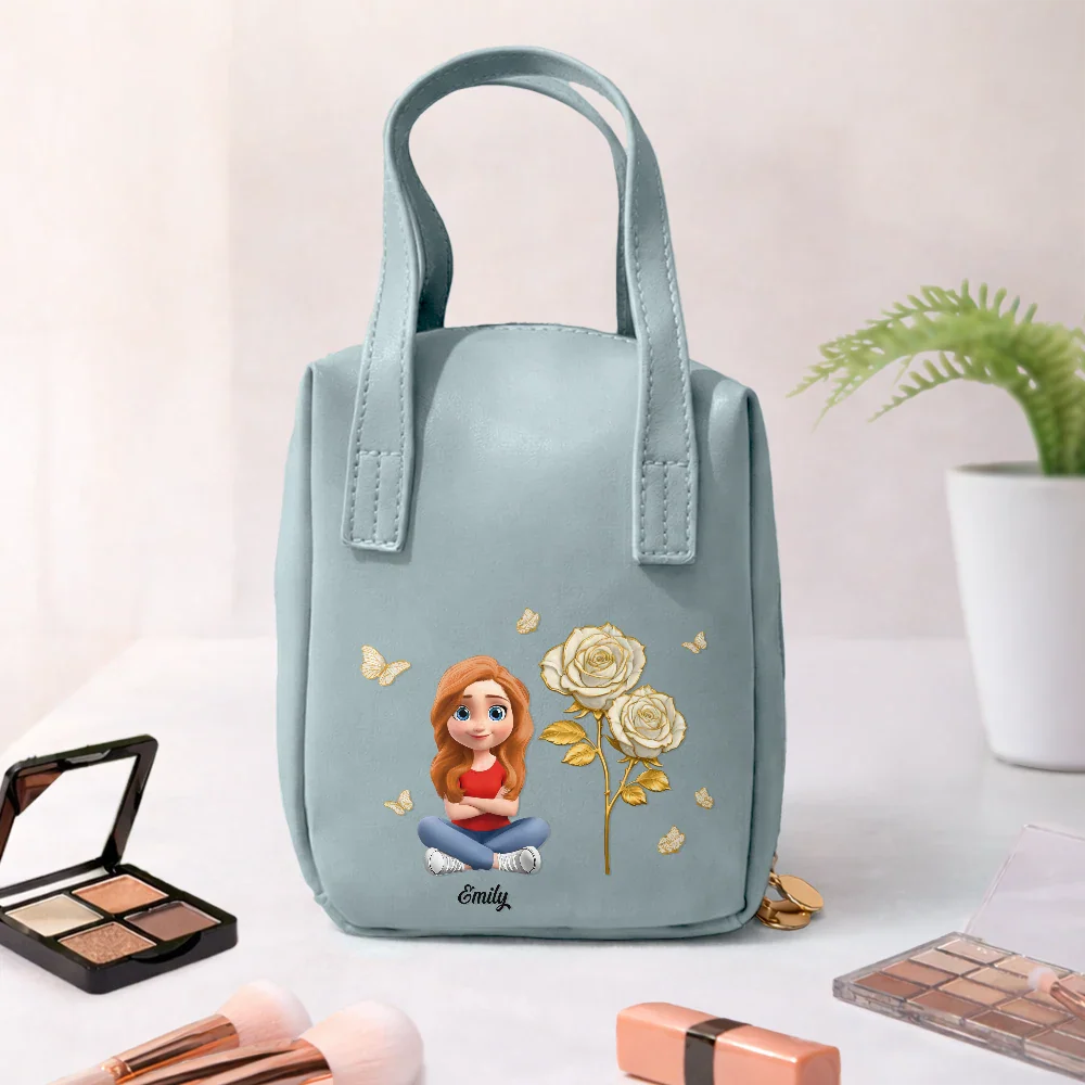 Blooming In Love Birth Month Flower - Personalized Leather Makeup Bag With Handle - Image 4