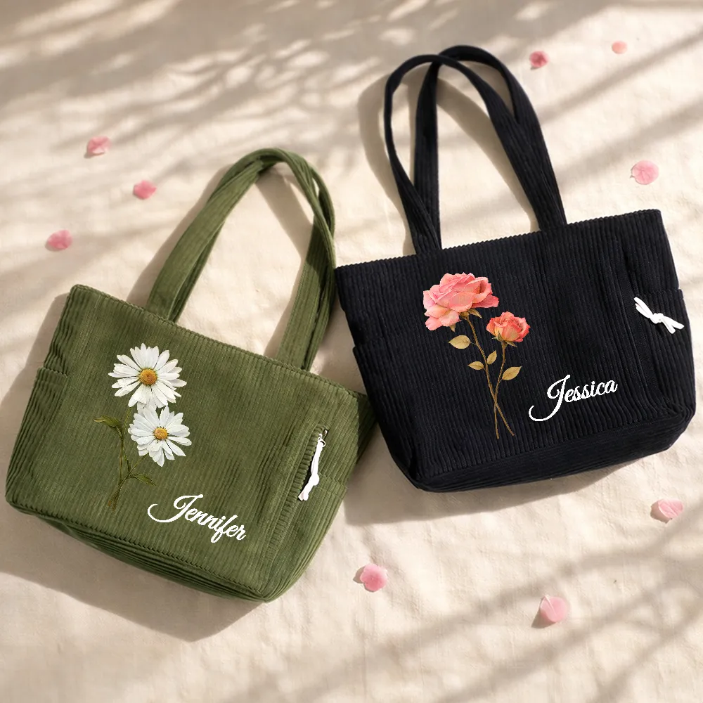 Blooming In Love Faux Pressed Birth Flower - Personalized Corduroy Tote Bag - Image 2