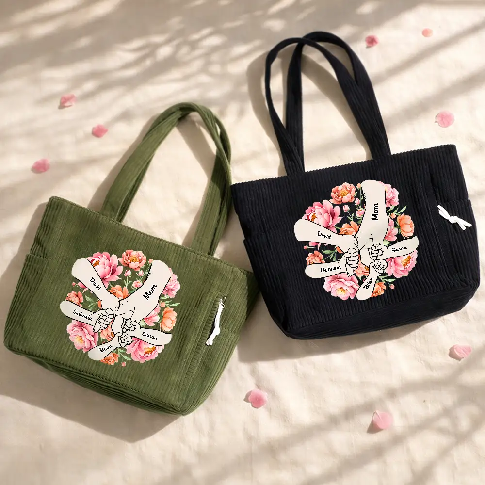 Blooming In Mom's Grandma's Hands - Personalized Corduroy Tote Bag - Image 2