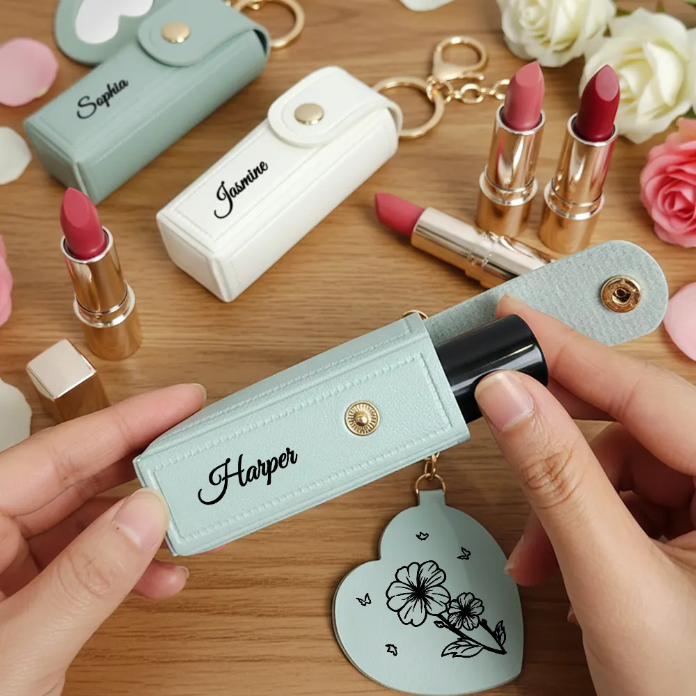Blooming With Birth Month Flower - Personalized Leather Lipstick Case Keychain With Mirror - Image 2