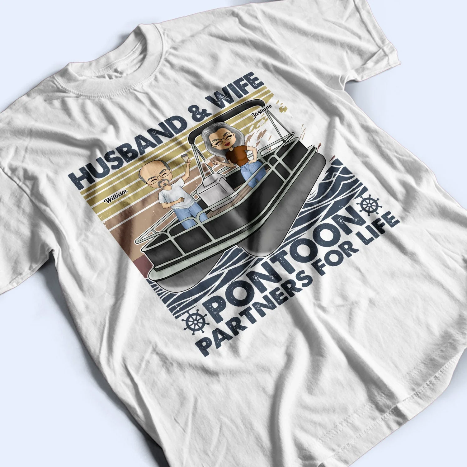 Boating Husband & Wife Pontoon Partners For Life - Traveling, Cruising Gift For Couples, Pontooning Lovers, Lake Lovers, Travelers - Personalized Custom T Shirt - Image 3