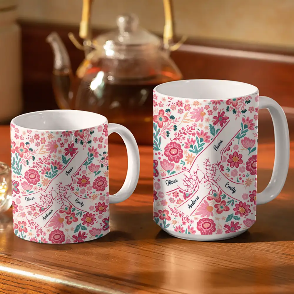 Boho Floral Hand In Hand Grandma Mom - Personalized White Edge-to-Edge Mug - Image 3