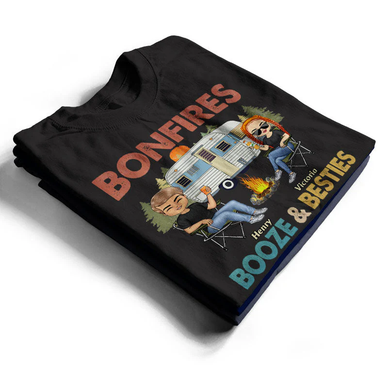 Bonfires Booze And Besties Retro - Gift For Camping Friends - Personalized Custom T Shirt - Image 2