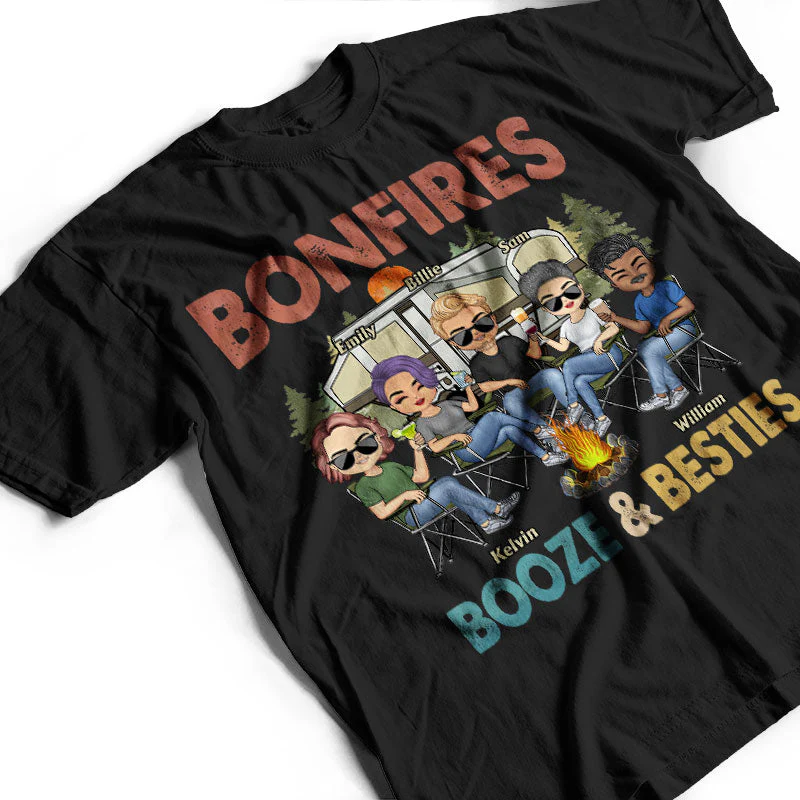 Bonfires Booze And Besties Retro - Gift For Camping Friends - Personalized Custom T Shirt - Image 3