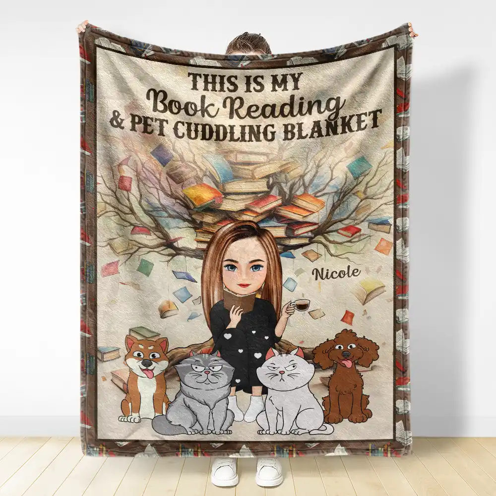 Book Reading & Cat Cuddling Blanket - Personalized Fleece Blanket, Sherpa Blanket - Image 3