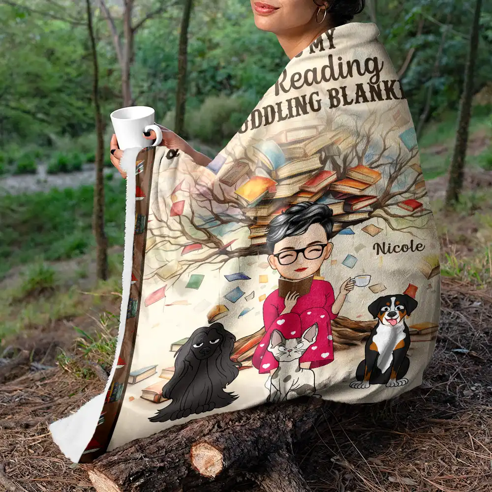 Book Reading & Cat Cuddling Blanket - Personalized Fleece Blanket, Sherpa Blanket - Image 7
