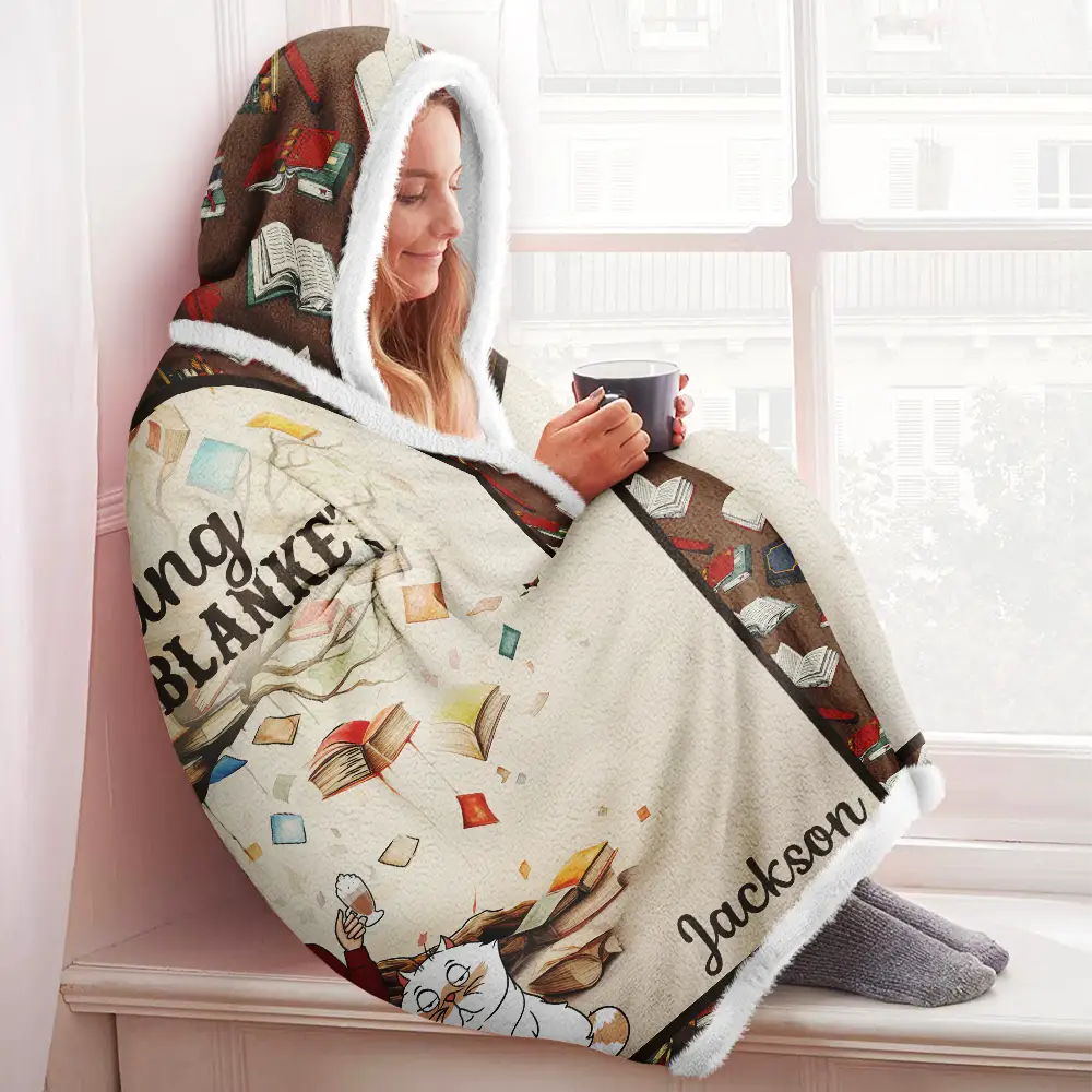 Book Reading & Cat Cuddling Blanket - Personalized Wearable Hooded Blanket - Image 3