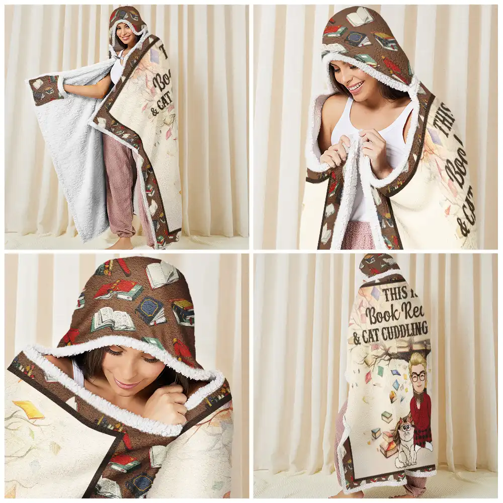 Book Reading & Cat Cuddling Blanket - Personalized Wearable Hooded Blanket - Image 6