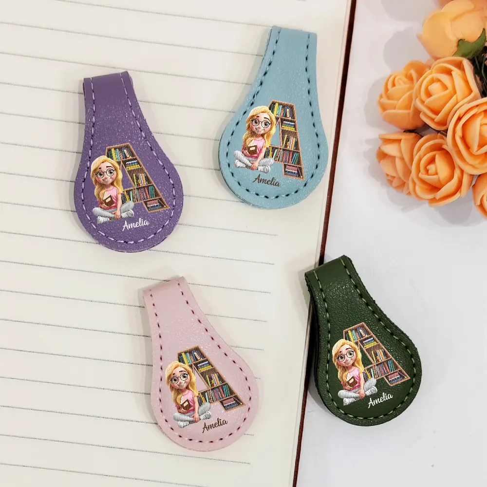 Bookish Monogram Girl With Book - Personalized Circle Leather Magnetic Bookmark - Image 2
