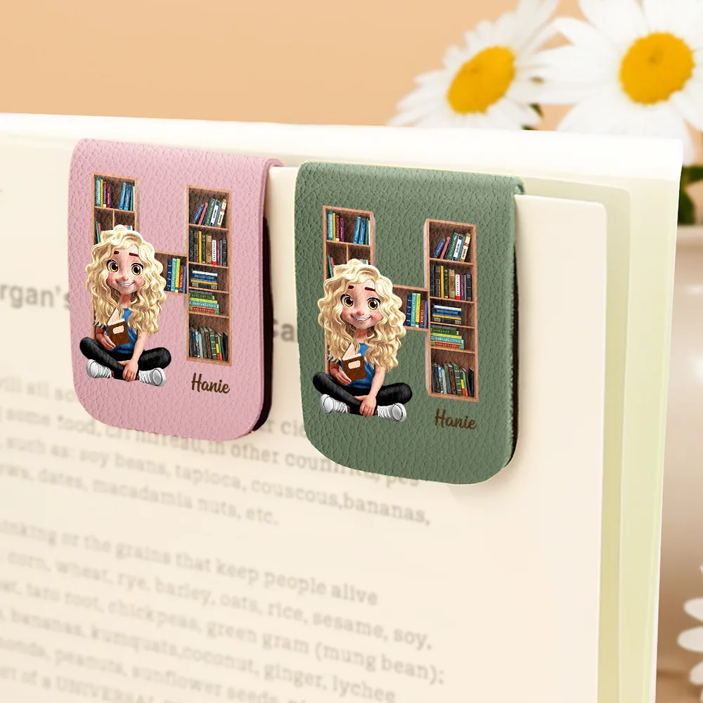 Bookish Monogram Girl With Book - Personalized Leather Magnetic Bookmark - Image 4