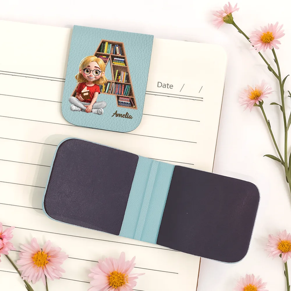 Bookish Monogram Girl With Book - Personalized Leather Magnetic Bookmark - Image 5