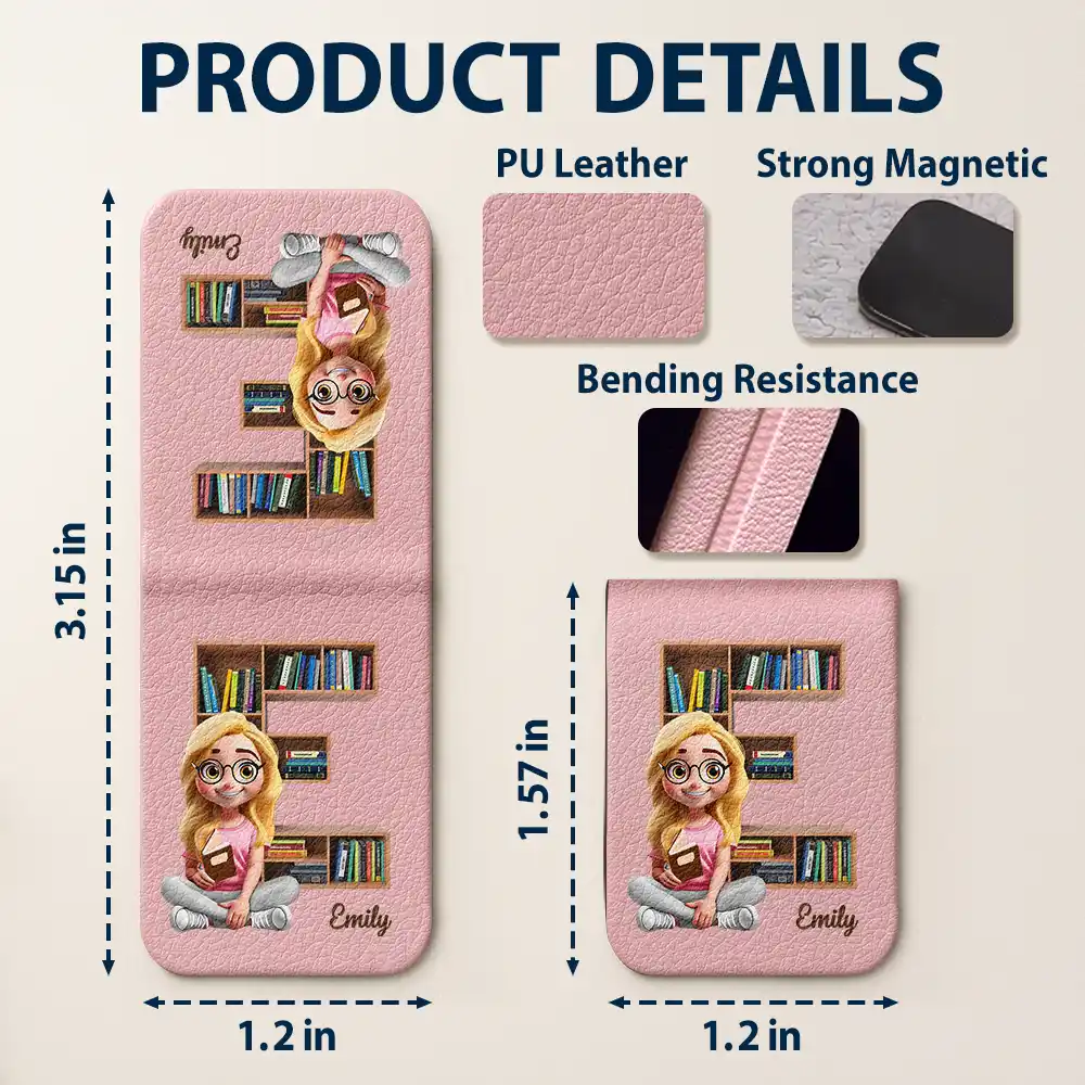 Bookish Monogram Girl With Book - Personalized Leather Magnetic Bookmark - Image 6