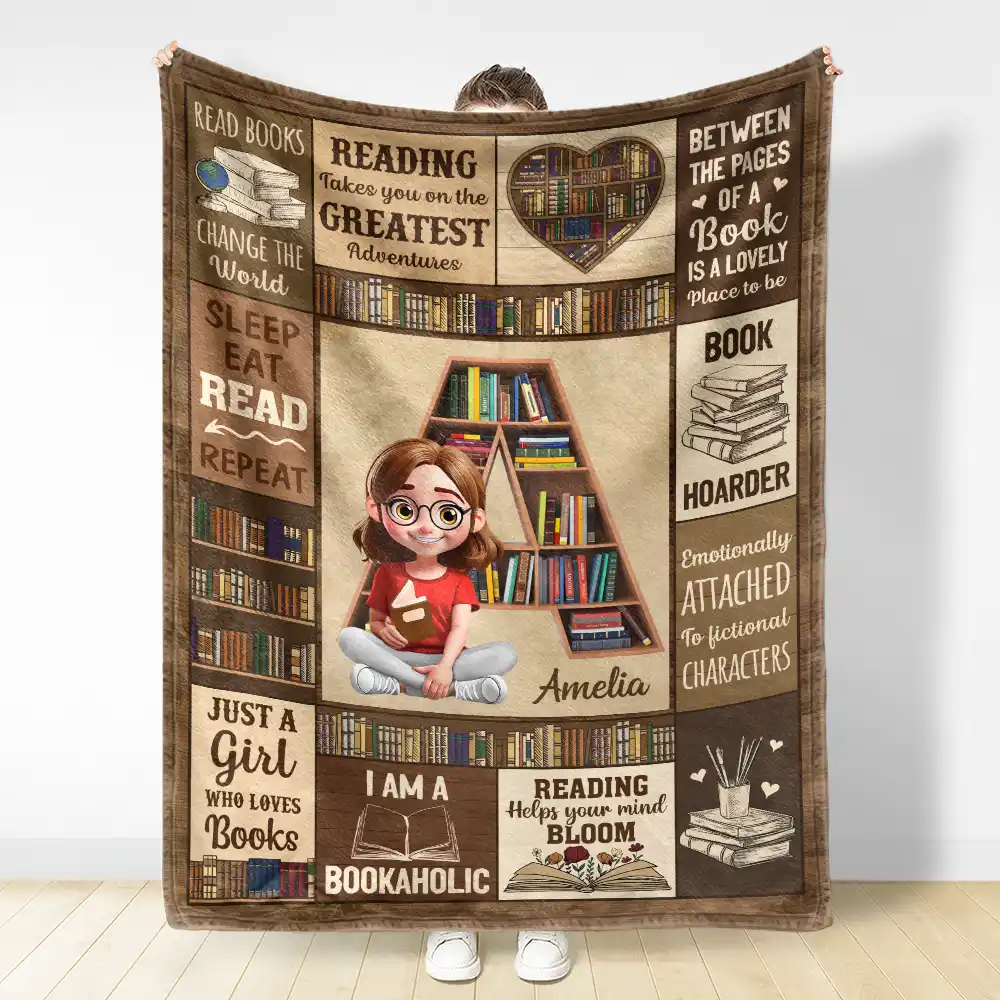 Bookish Monogram Reading Blanket - Personalized Fleece Blanket, Sherpa Blanket - Image 3