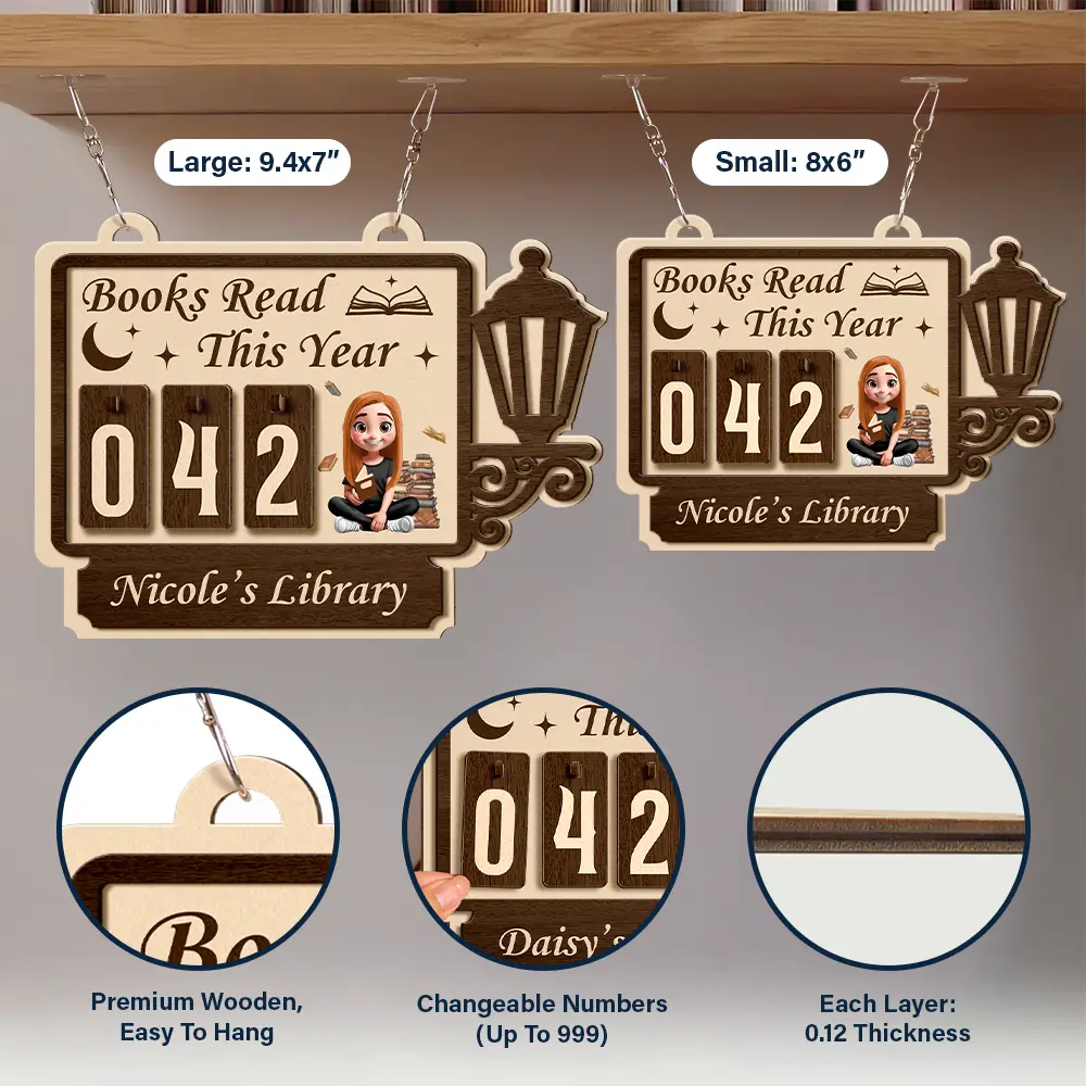 Books Read This Year 3D Effect Reading Girl - Personalized Hanging Tracker Sign - Image 6