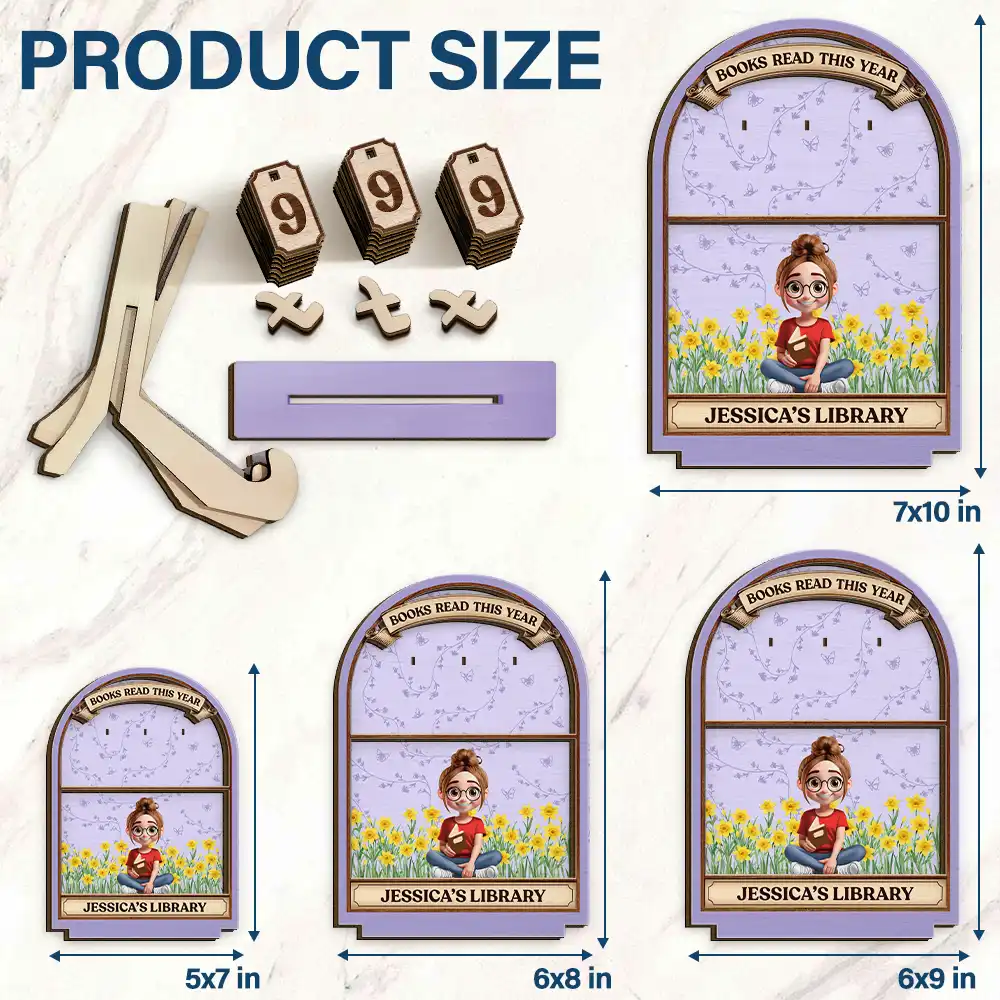 Books Read This Year Reading Girl With Birth Month Flower - Personalized 2-Layered Wooden Tracker Sign - Image 3