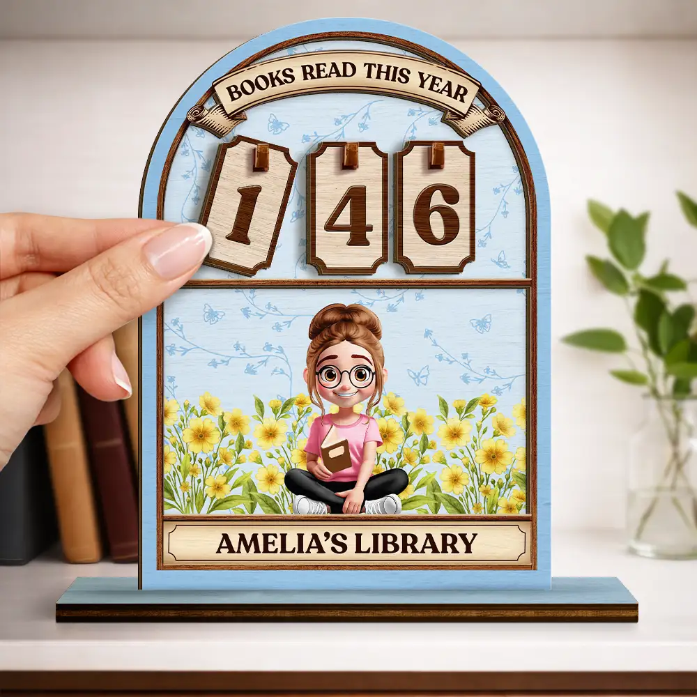 Books Read This Year Reading Girl With Birth Month Flower - Personalized 2-Layered Wooden Tracker Sign - Image 4