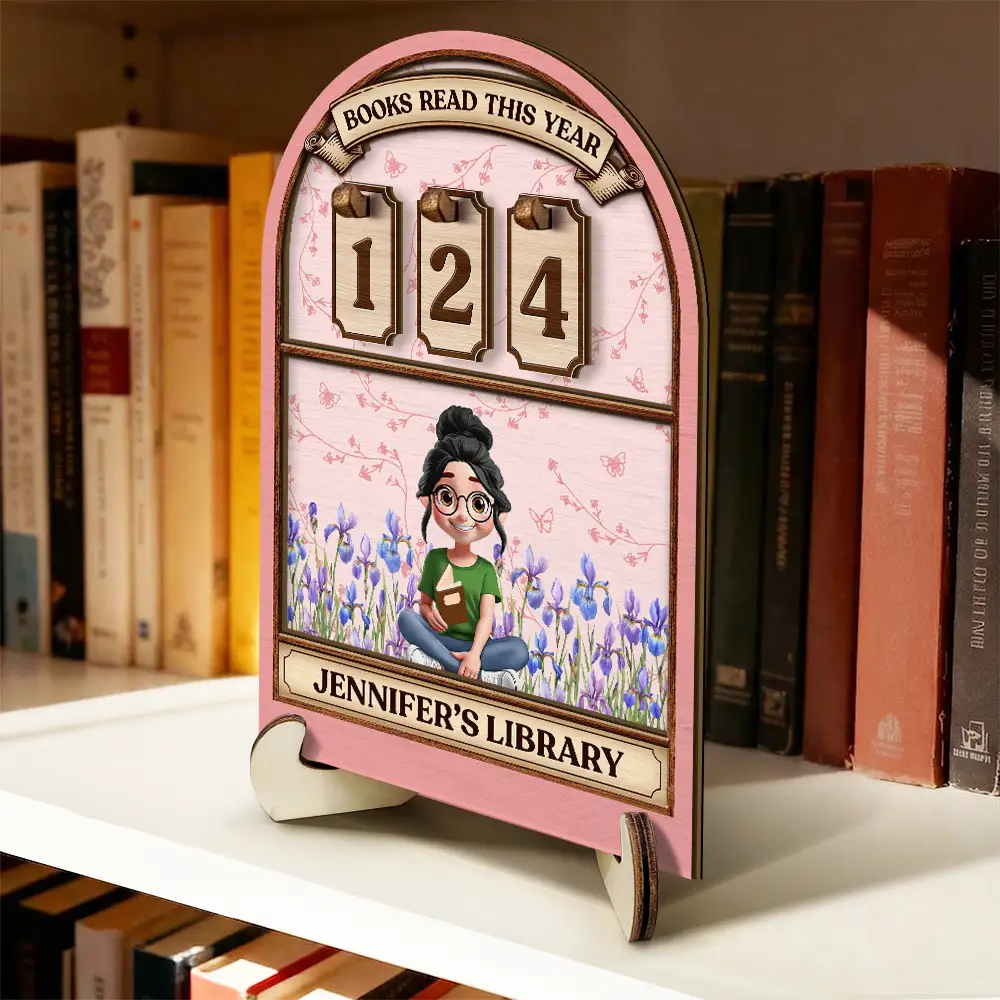 Books Read This Year Reading Girl With Birth Month Flower - Personalized 2-Layered Wooden Tracker Sign - Image 6