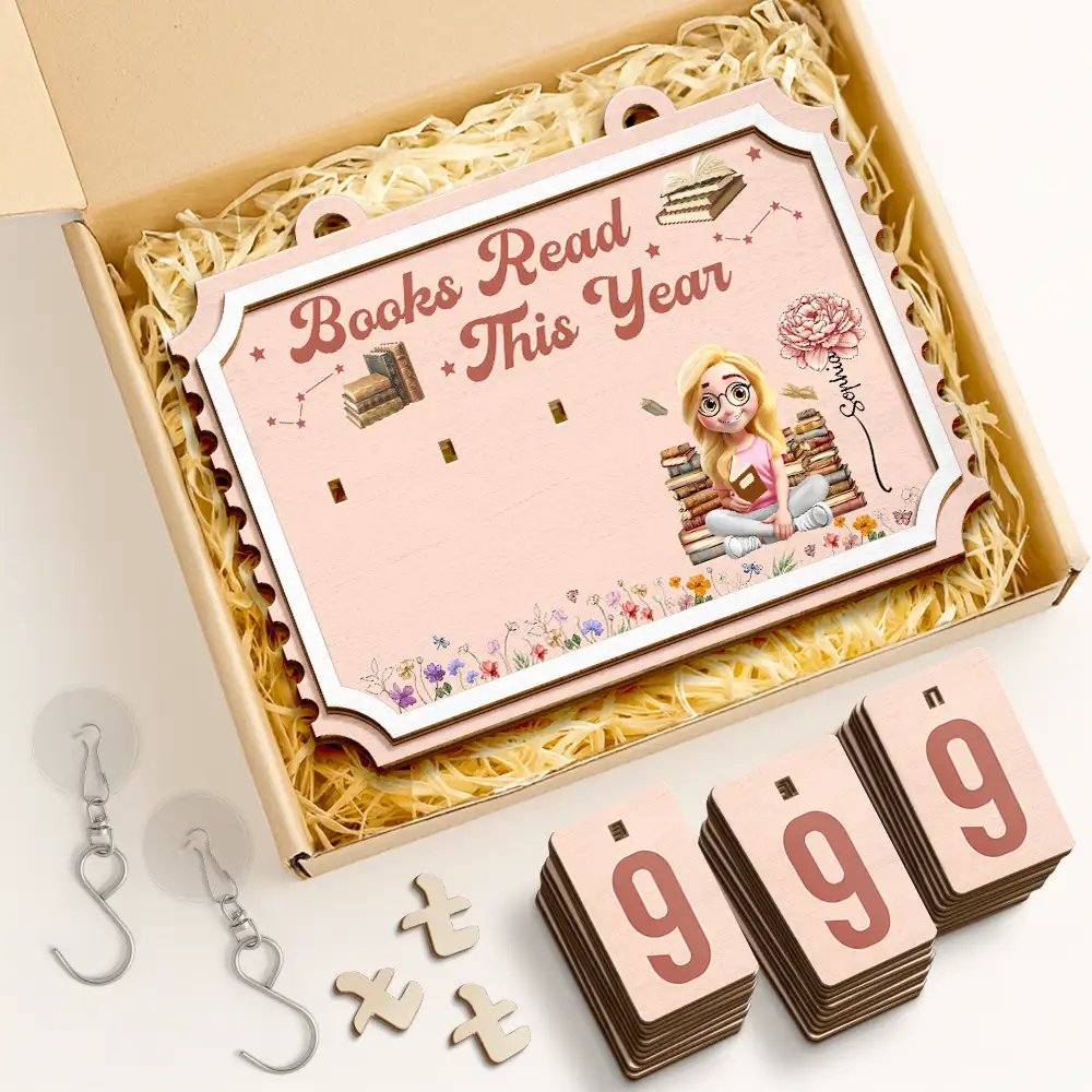 Books Read This Year Reading Girl With Birth Month Flower - Personalized Hanging Tracker Sign - Image 2