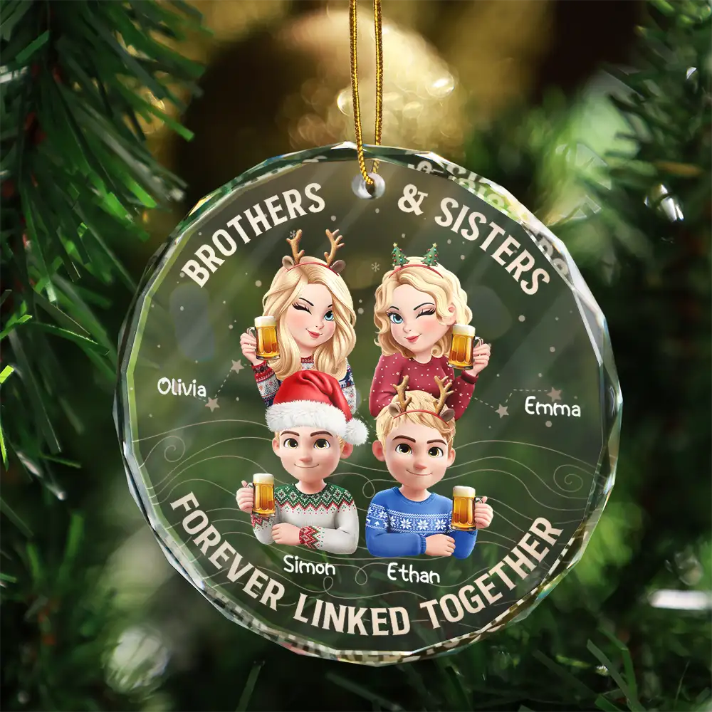 Brothers & Sisters Forever Linked Together - Personalized Circle Glass Ornament - Image 3