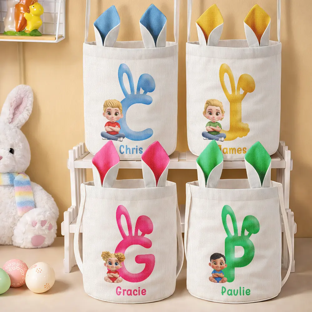 Bunny Alphabet With Kid Baby Sitting 3D Effect - Personalized Bunny Ears Bucket Bag - Image 2