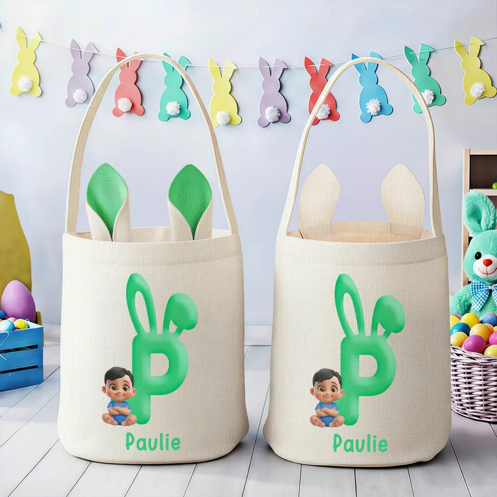 Bunny Alphabet With Kid Baby Sitting 3D Effect - Personalized Bunny Ears Bucket Bag - Image 3