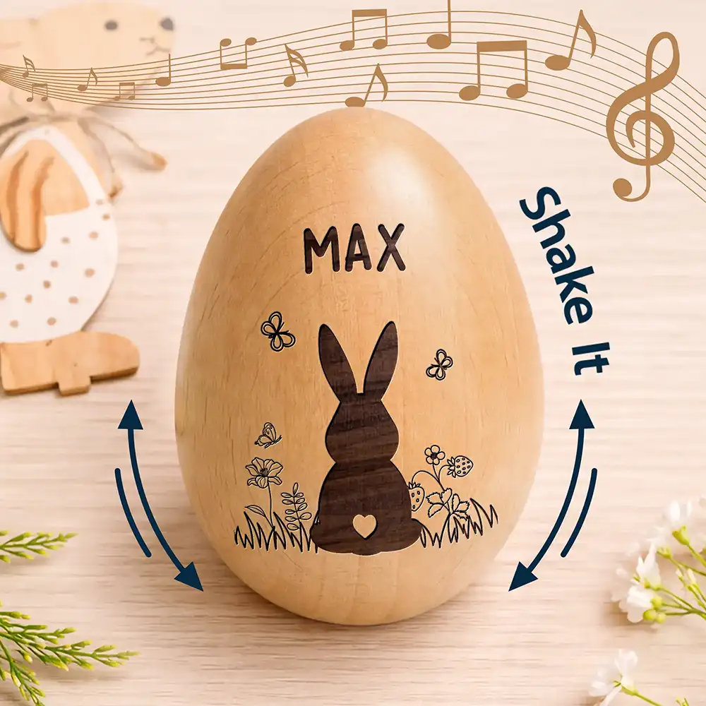 Bunny With Spring Flowers - Personalized Musical Wooden Easter Egg Shaker - Image 2