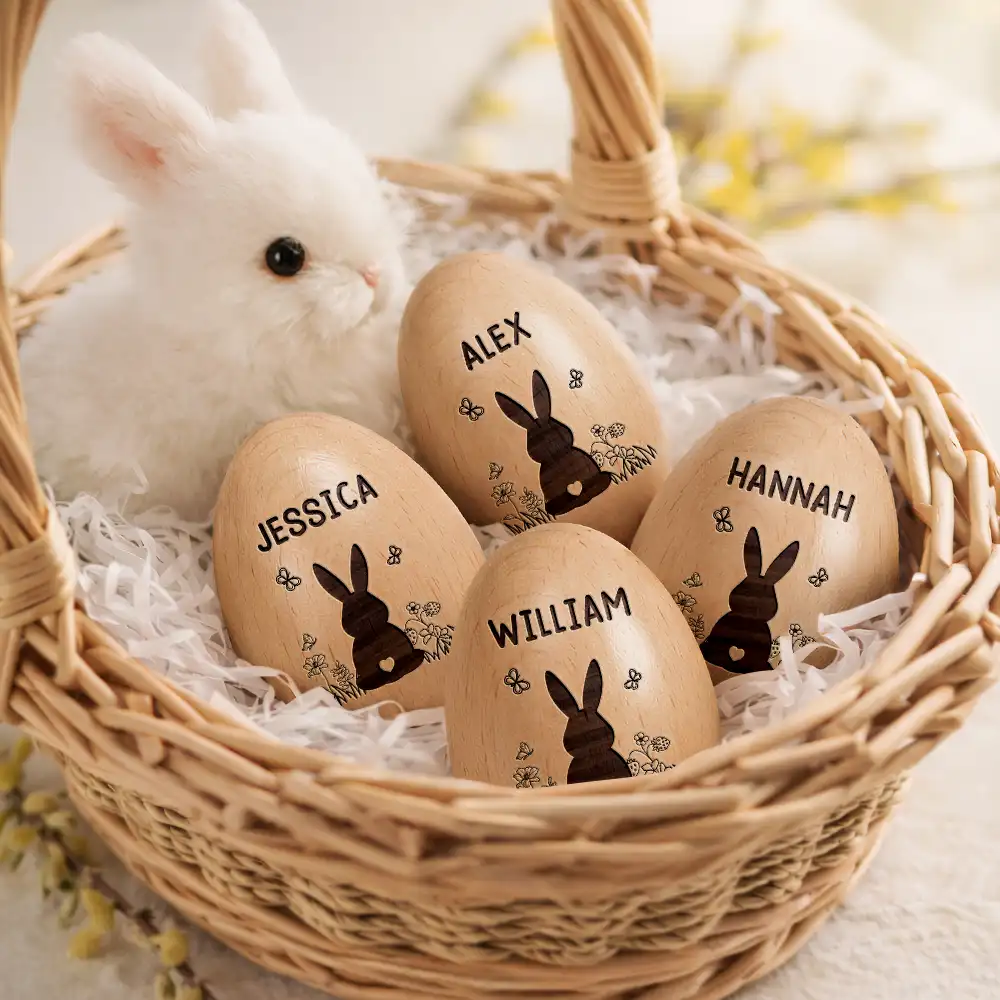 Bunny With Spring Flowers - Personalized Musical Wooden Easter Egg Shaker - Image 3