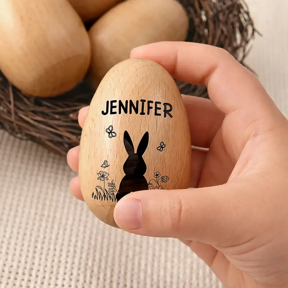 Bunny With Spring Flowers - Personalized Musical Wooden Easter Egg Shaker - Image 4