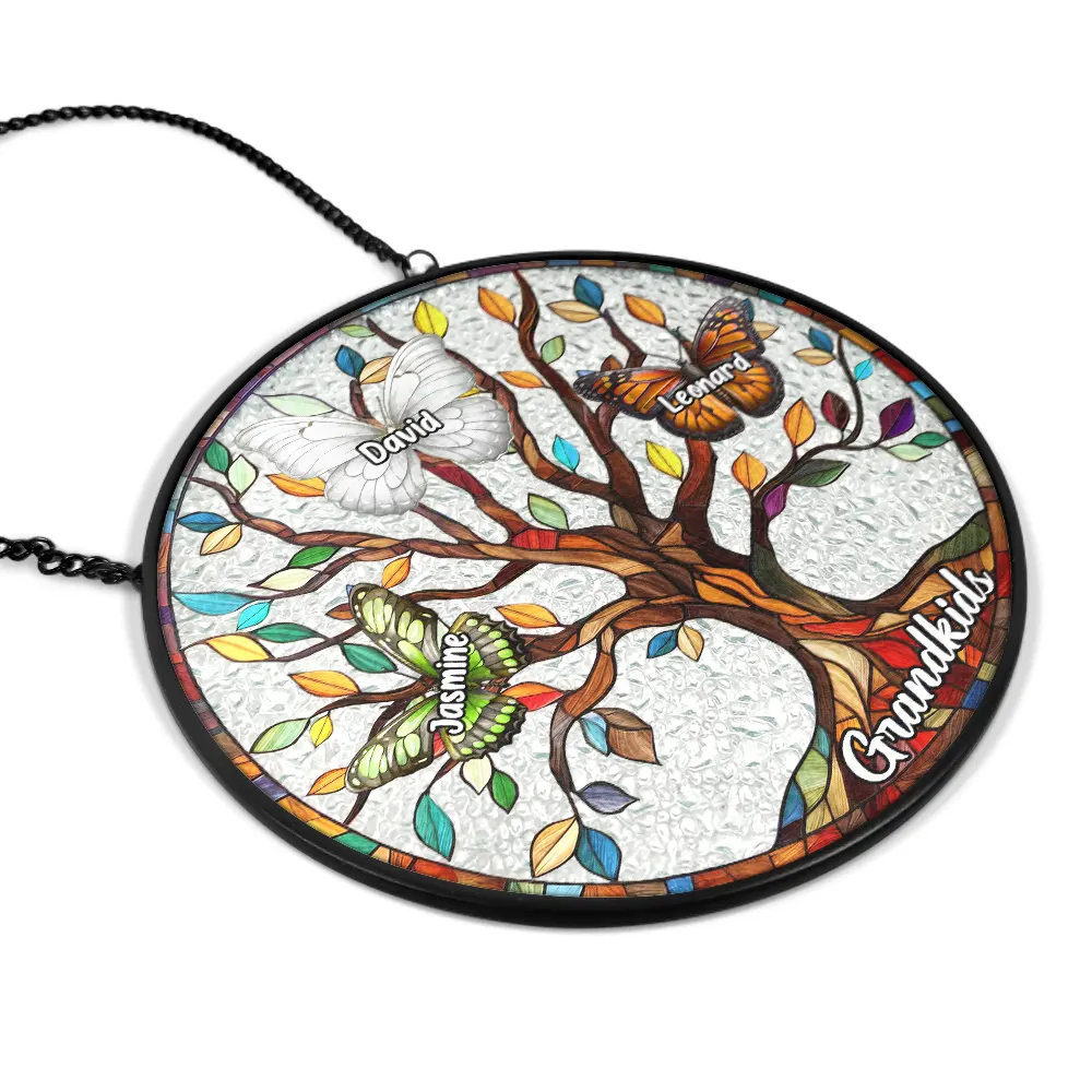 Butterfly Grandkids Tree - Personalized Stained Glass Window Hanging Suncatcher - Image 2