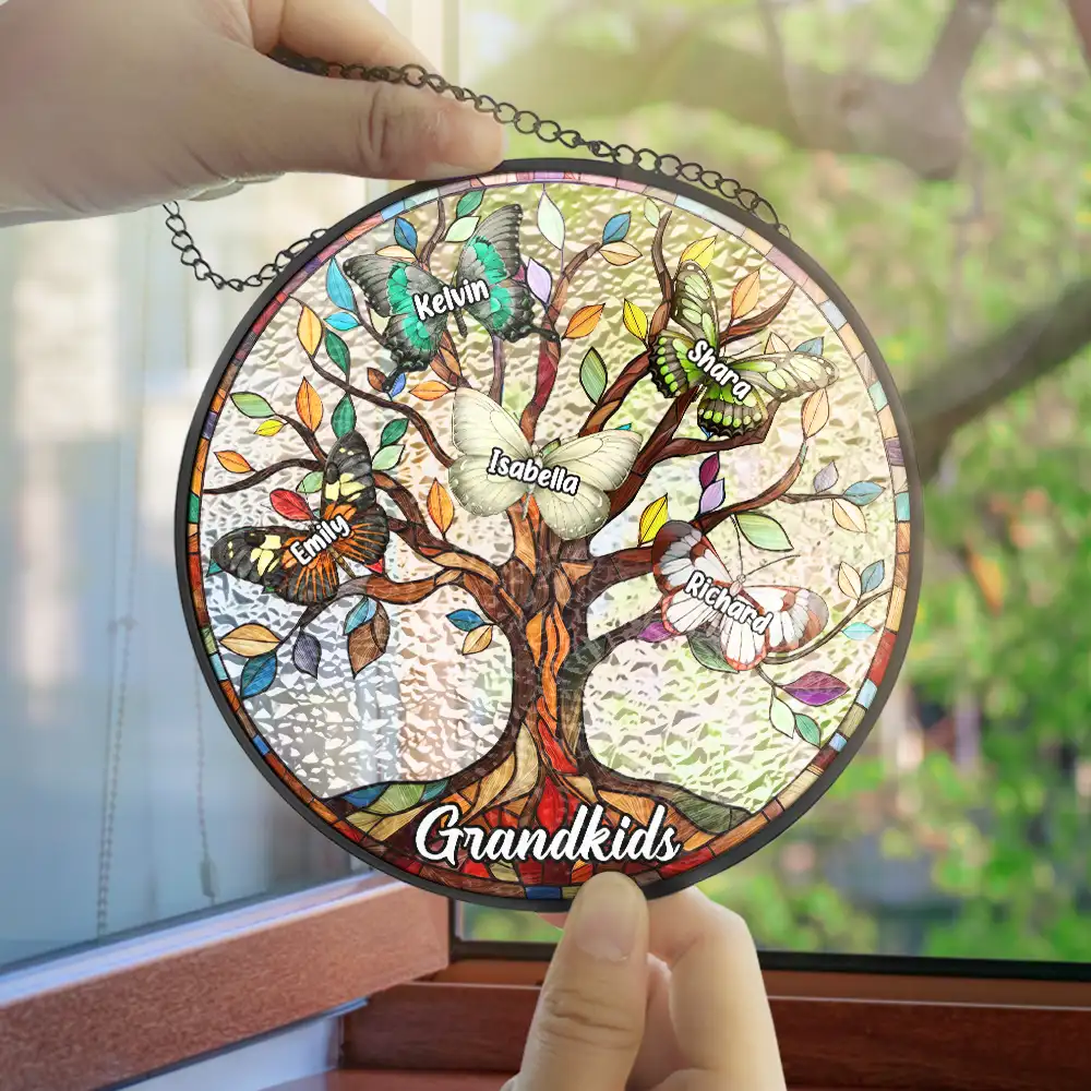 Butterfly Grandkids Tree - Personalized Stained Glass Window Hanging Suncatcher - Image 4