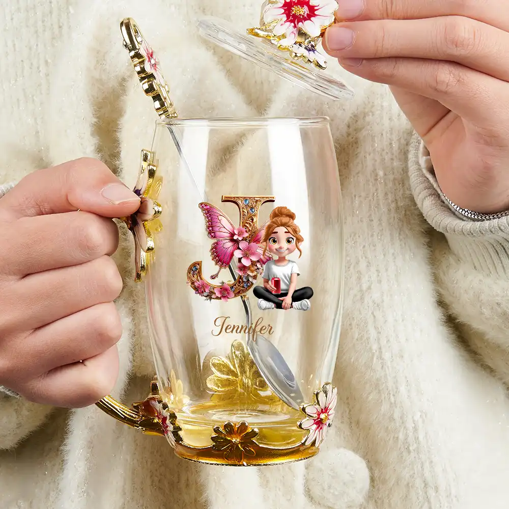 Butterfly Monogram With 3D Effect Woman - Personalized Glass Flower Tea Cup - Image 3