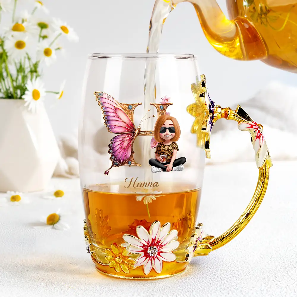 Butterfly Monogram With 3D Effect Woman - Personalized Glass Flower Tea Cup - Image 4