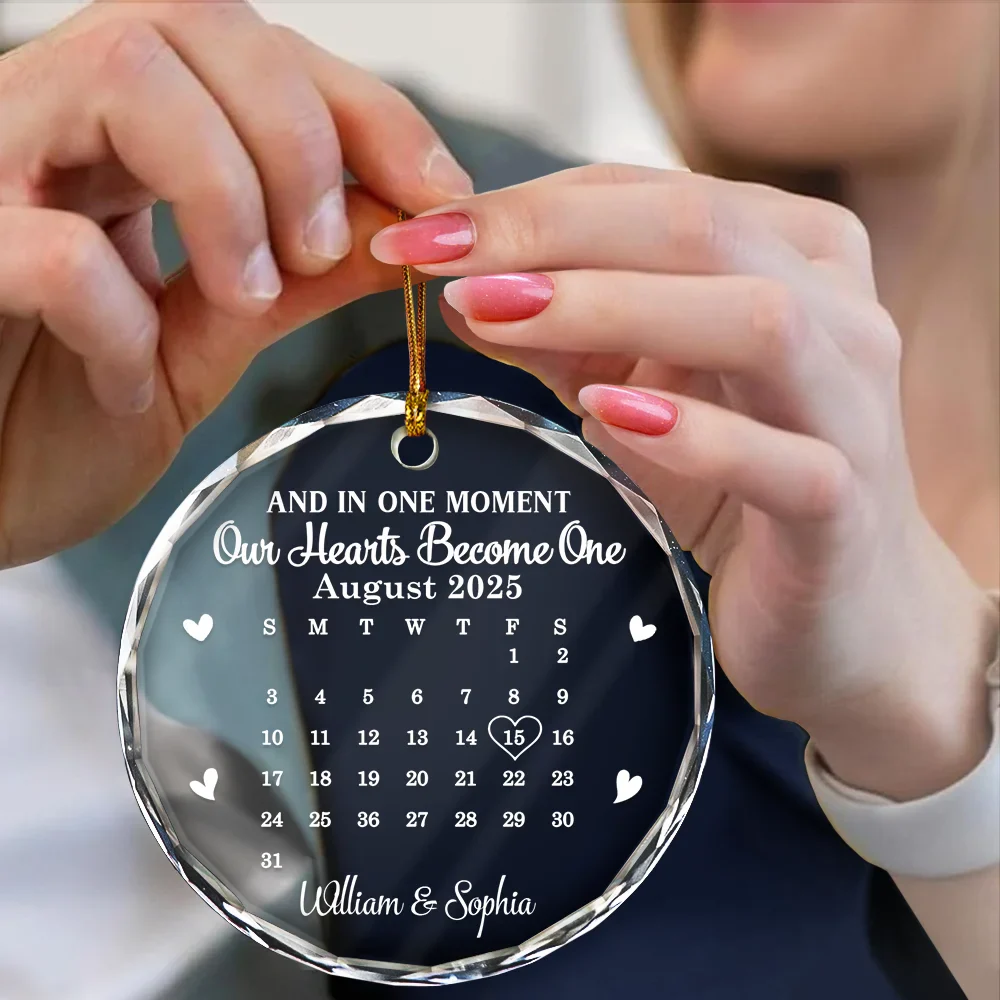 Calendar And In One Moment Our Hearts Become One - Personalized Circle Glass Ornament - Image 5