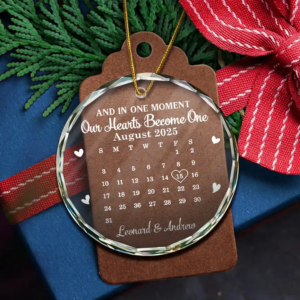 Calendar And In One Moment Our Hearts Become One - Personalized Circle Glass Ornament - Image 6