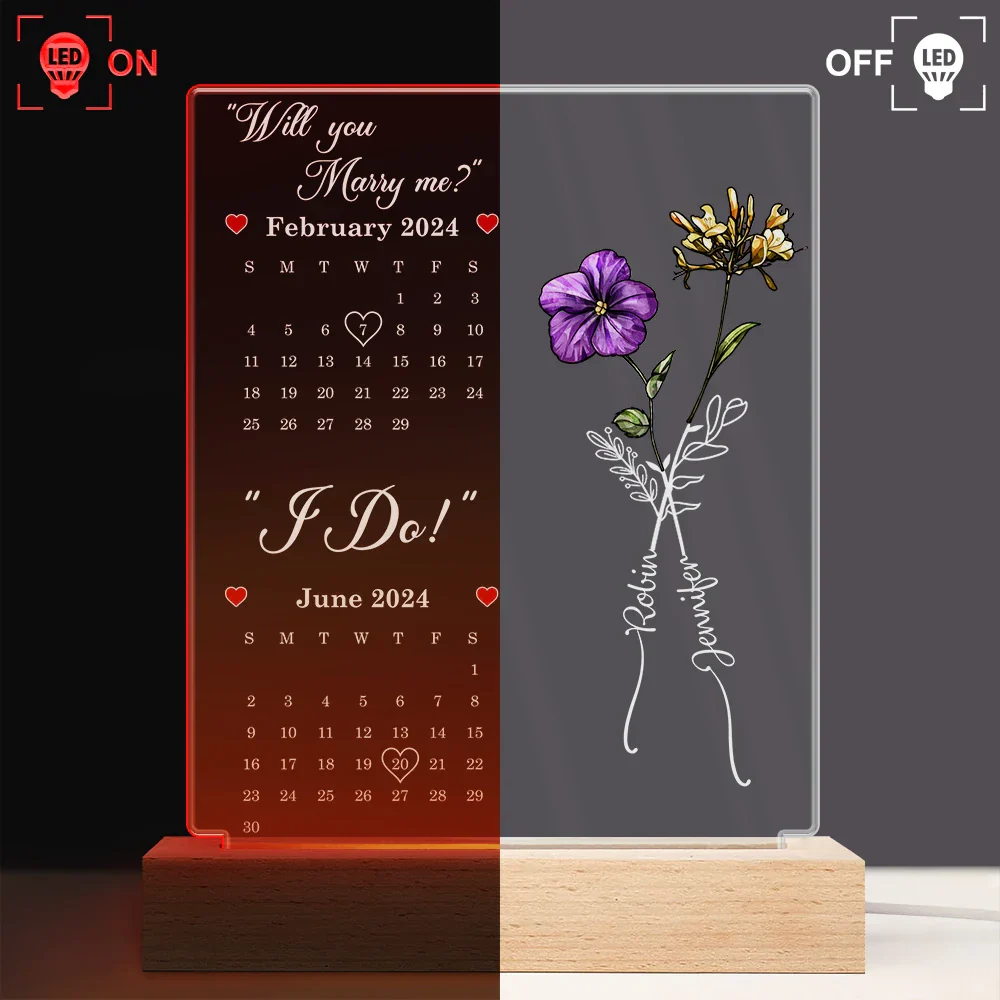 Calendar Birth Flowers First Met First Kiss - Personalized 3D Led Light Wooden Base - Image 3