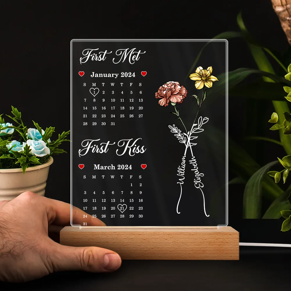 Calendar Birth Flowers First Met First Kiss - Personalized 3D Led Light Wooden Base - Image 4