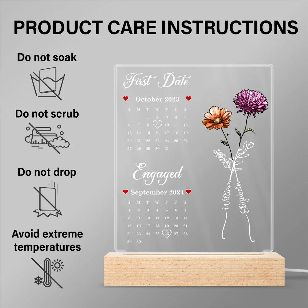 Calendar Birth Flowers First Met First Kiss - Personalized 3D Led Light Wooden Base - Image 5