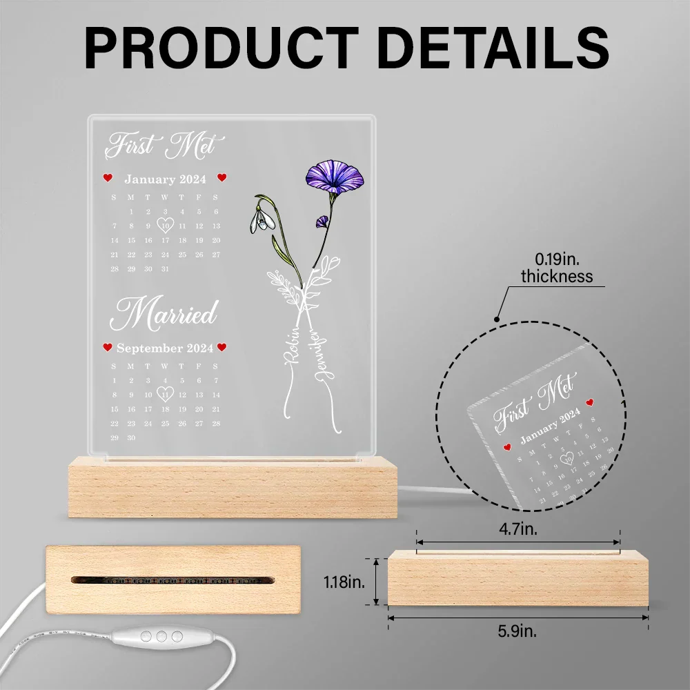 Calendar Birth Flowers First Met First Kiss - Personalized 3D Led Light Wooden Base - Image 6
