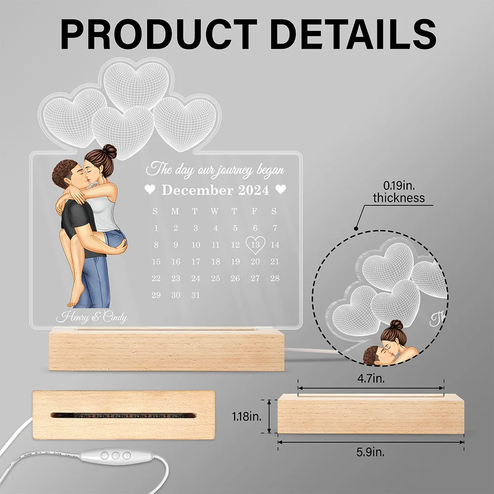 Calendar Couple Our First Anniversary Together - Personalized 3D Led Light Wooden Base - Image 5