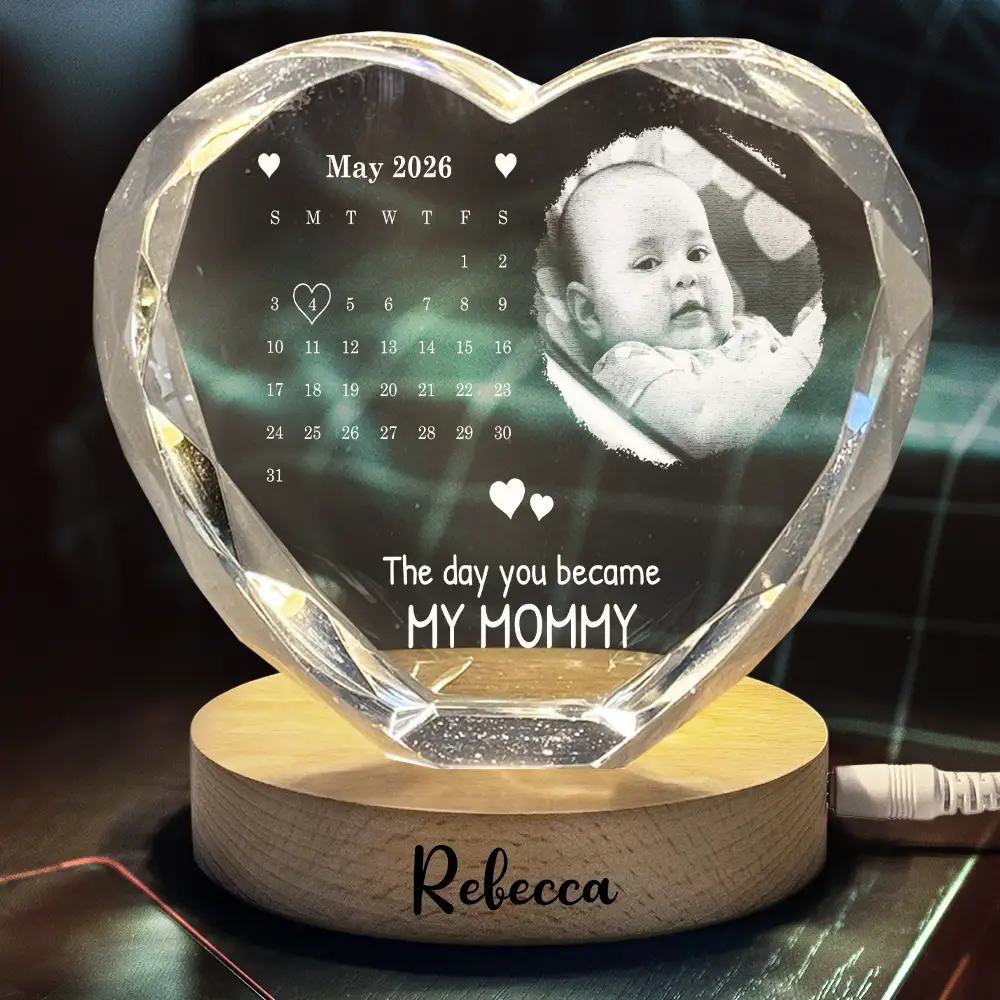 Calendar Custom Photo The Day You Became My Mommy Daddy - Personalized Crystal Heart Shaped Lamp - Image 3