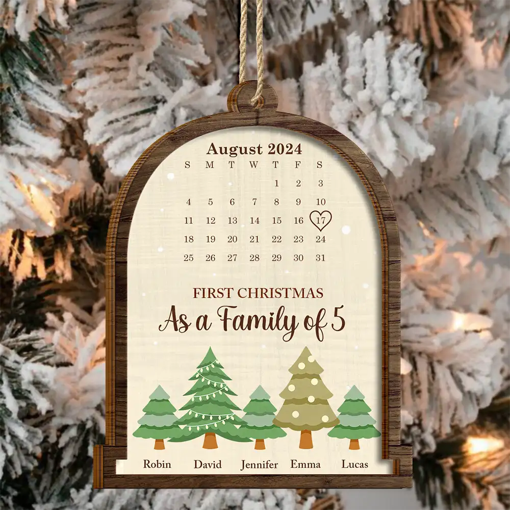 Calendar First Christmas As A Family Of Three - Personalized 2-Layered Wooden Ornament - Image 3
